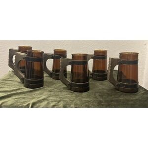 RARE 6-PC Vintage Siesta Ware Amber Glass Mugs Wooden Handle Bar Cups Nostalgic
